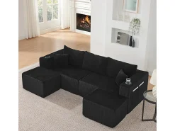 Sofá de canto modular veludo canelado, 2 pufes, porta-copos e almofadas, , 230x138x75cm Sofá