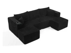 Sofá de canto modular veludo canelado, 2 pufes, porta-copos e almofadas, , 230x138x75cm Sofá