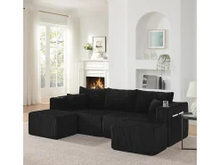 Sofá de canto modular veludo canelado, 2 pufes, porta-copos e almofadas, , 230x138x75cm Sofá