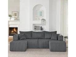 Sofá de canto modular veludo canelado, 2 pufes, porta-copos e almofadas, , 230x138x75cm*DripeX Best