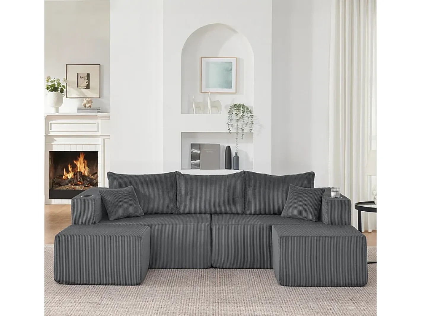 Sofá de canto modular veludo canelado, 2 pufes, porta-copos e almofadas, , 230x138x75cm*DripeX Best
