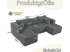 Sofá de canto modular veludo canelado, 2 pufes, porta-copos e almofadas, , 230x138x75cm*DripeX Best