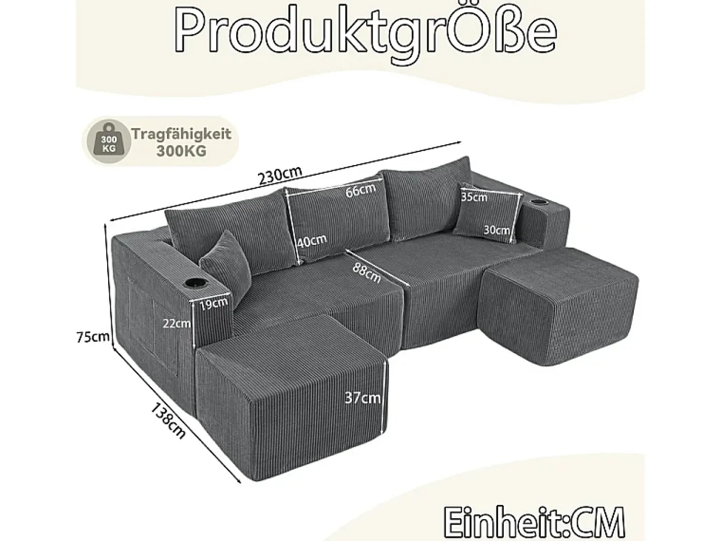 Sofá de canto modular veludo canelado, 2 pufes, porta-copos e almofadas, , 230x138x75cm*DripeX Best