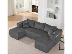 Sofá de canto modular veludo canelado, 2 pufes, porta-copos e almofadas, , 230x138x75cm*DripeX Best