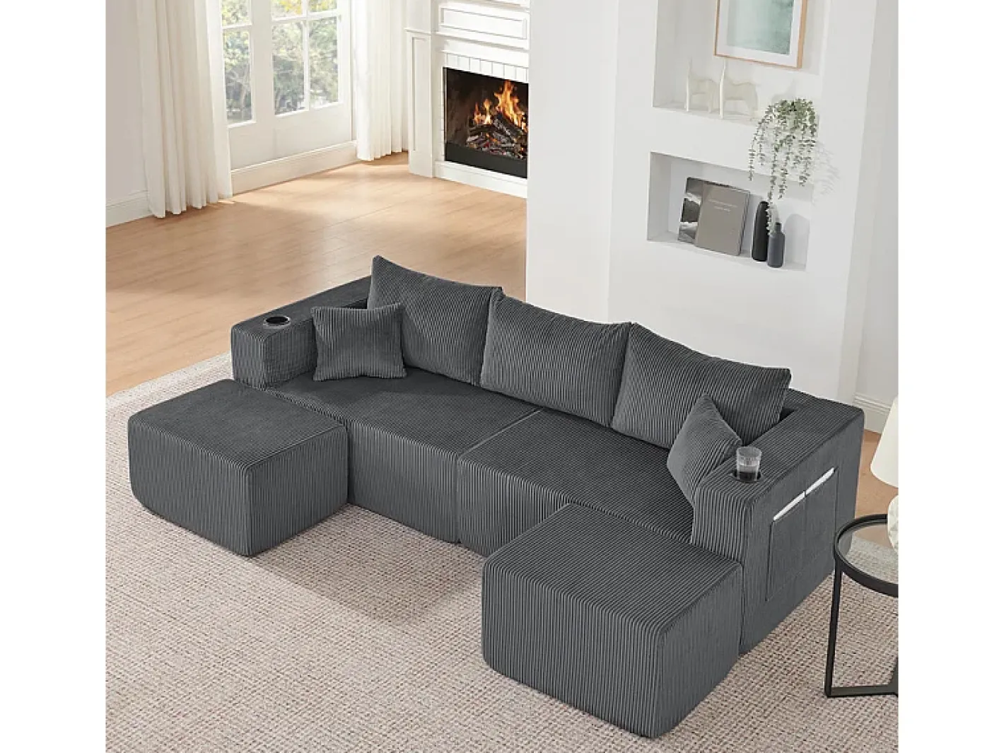 Sofá de canto modular veludo canelado, 2 pufes, porta-copos e almofadas, , 230x138x75cm*DripeX Best