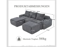 Sofá de canto modular veludo canelado, porta-copos, 2 pufes e 3 almofadas, 268x174x80cm, Cinzento antracite*DripeX Online