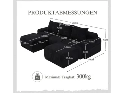 Sofá de canto modular veludo canelado, porta-copos, 2 pufes e 3 almofadas, 268x174x80cm,*DripeX New
