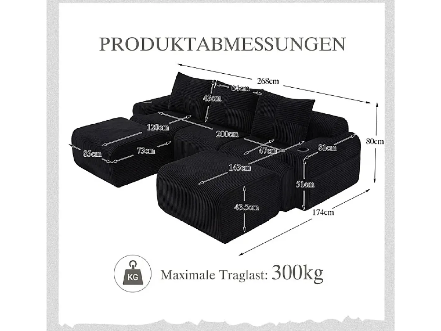 Sofá de canto modular veludo canelado, porta-copos, 2 pufes e 3 almofadas, 268x174x80cm,*DripeX New