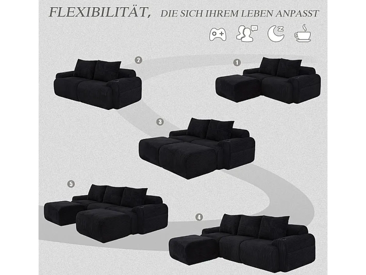 Sofá de canto modular veludo canelado, porta-copos, 2 pufes e 3 almofadas, 268x174x80cm,*DripeX New