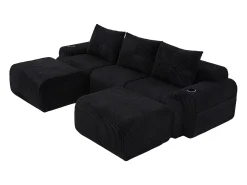 Sofá de canto modular veludo canelado, porta-copos, 2 pufes e 3 almofadas, 268x174x80cm,*DripeX New