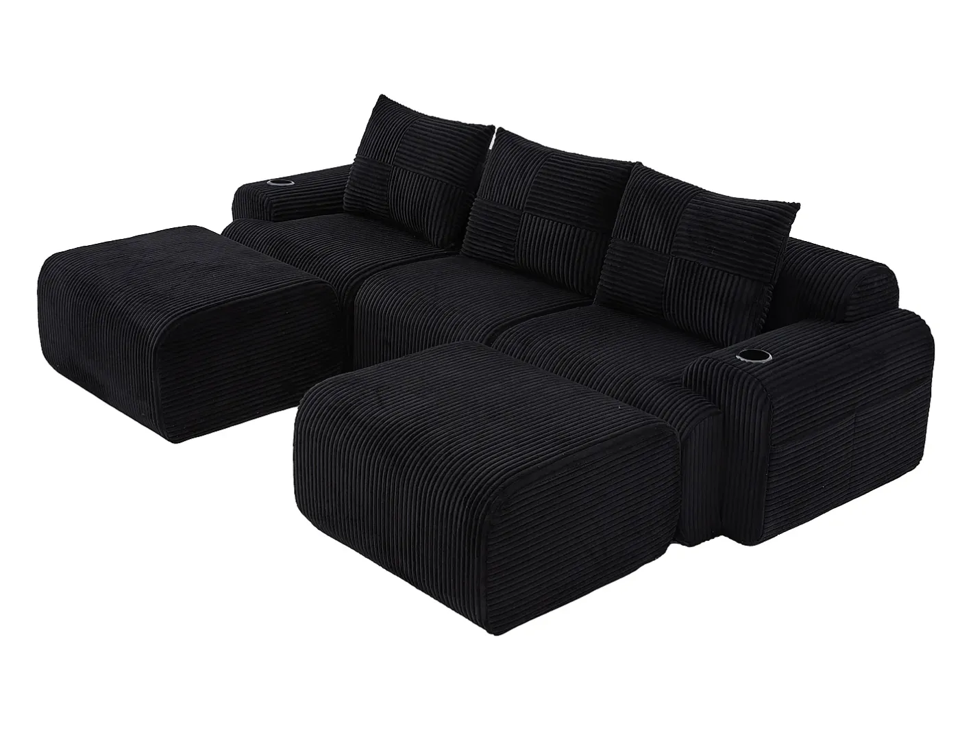 Sofá de canto modular veludo canelado, porta-copos, 2 pufes e 3 almofadas, 268x174x80cm,*DripeX New