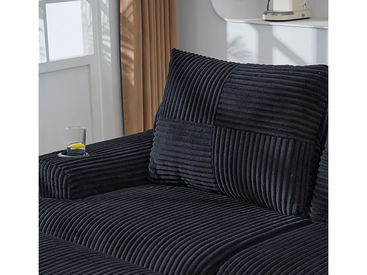 Sofá de canto modular veludo canelado, porta-copos, 2 pufes e 3 almofadas, 268x174x80cm,*DripeX New