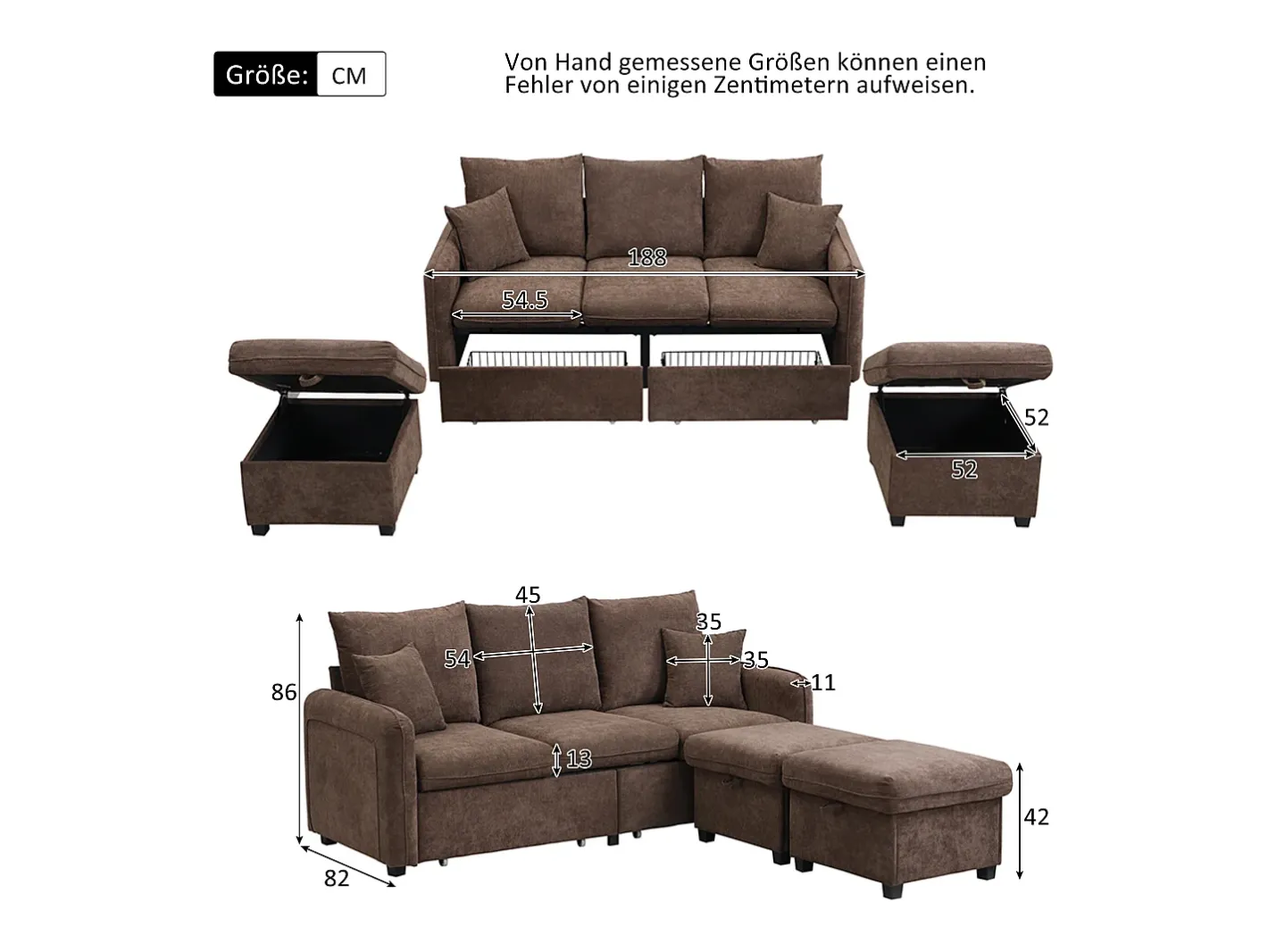 Sofá de canto multifuncional em U - 3 lugares - com função de armazenamento - com gavetas - marrom*ModernLuxe Discount