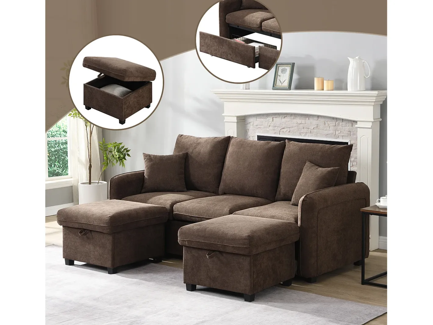 Sofá de canto multifuncional em U - 3 lugares - com função de armazenamento - com gavetas - marrom*ModernLuxe Discount