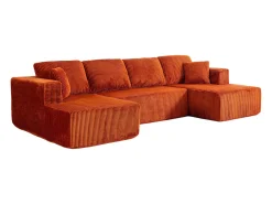 Sofá de canto panorâmico - Veludo canelado Laranja - 4 almofadas, 2 travesseiros, 2 chaises - 332x156x88cm^DripeX New