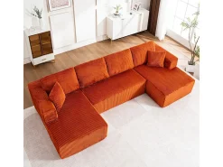 Sofá de canto panorâmico - Veludo canelado Laranja - 4 almofadas, 2 travesseiros, 2 chaises - 332x156x88cm^DripeX New