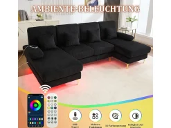 Sofá de canto panorâmico em veludo - 4 lugares - com LED RGB e porta USB+Type-C - 265x135x88cm -^DripeX New