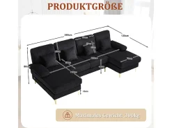 Sofá de canto panorâmico em veludo - 4 lugares - com LED RGB e porta USB+Type-C - 265x135x88cm -^DripeX New