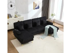 Sofá de canto panorâmico em veludo - 4 lugares - com LED RGB e porta USB+Type-C - 265x135x88cm -^DripeX New
