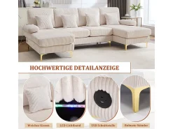 Sofá de canto panorâmico em veludo - 4 lugares - com LED RGB e porta USB+Type-C - 265x135x88cm -^DripeX Outlet