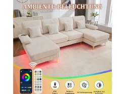 Sofá de canto panorâmico em veludo - 4 lugares - com LED RGB e porta USB+Type-C - 265x135x88cm -^DripeX Outlet