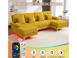 Sofá de canto panorâmico em veludo - 4 lugares - com LED RGB e porta USB+Type-C - 265x135x88cm -^DripeX Discount