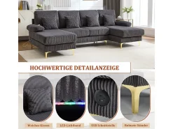 Sofá de canto panorâmico em veludo - 4 lugares - com LED RGB e porta USB+Type-C - 265x135x88cm - Cinza*DripeX Best