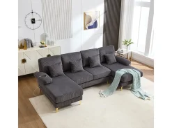 Sofá de canto panorâmico em veludo - 4 lugares - com LED RGB e porta USB+Type-C - 265x135x88cm - Cinza*DripeX Best