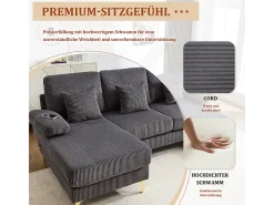Sofá de canto panorâmico em veludo - 4 lugares - com LED RGB e porta USB+Type-C - 265x135x88cm - Cinza*DripeX Best