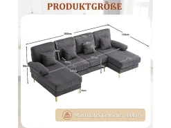 Sofá de canto panorâmico em veludo - 4 lugares - com LED RGB e porta USB+Type-C - 265x135x88cm - Cinza*DripeX Best