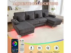 Sofá de canto panorâmico em veludo - 4 lugares - com LED RGB e porta USB+Type-C - 265x135x88cm - Cinza*DripeX Best