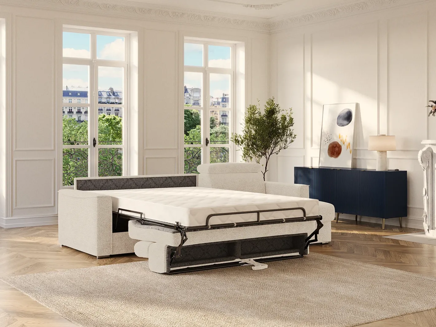 Vente-unique Sofá*Sofá de canto reversível converível abertura rápida em tecido - Cama 140 cm VIZIR Bege