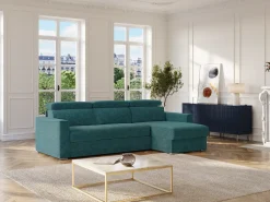 Vente-unique Sofá*Sofá de canto reversível conversível abertura rápida em tecido azul - Cama 140 cm VIZIR Azul esverdeado