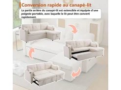 Sofá de canto reversível conversível em algodão e linho, Meridiano com armazenamento, Porta-copos, 211x129.5x86cm, Sofá