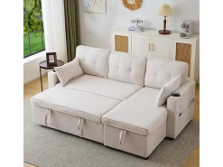 Sofá de canto reversível conversível em algodão e linho, Meridiano com armazenamento, Porta-copos, 211x129.5x86cm, Sofá