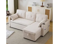 Sofá de canto reversível conversível em algodão e linho, Meridiano com armazenamento, Porta-copos, 211x129.5x86cm, Sofá