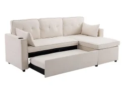 Sofá de canto reversível conversível em algodão e linho, Meridiano com armazenamento, Porta-copos, 211x129.5x86cm, Sofá