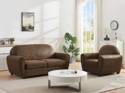 Vente-unique Sofá*Sofá de clube VICTORY III de 3 lugares em microfibra com aparência de couro envelhecido. Castanho