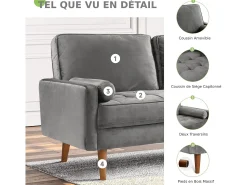 Sofá de veludo cinza de 2 - sofá de veludo cinza, mini sofá de quarto, com apoios de braços cônicos e pés, uma região lombar - 148,5x78x85cm^DripeX Outlet