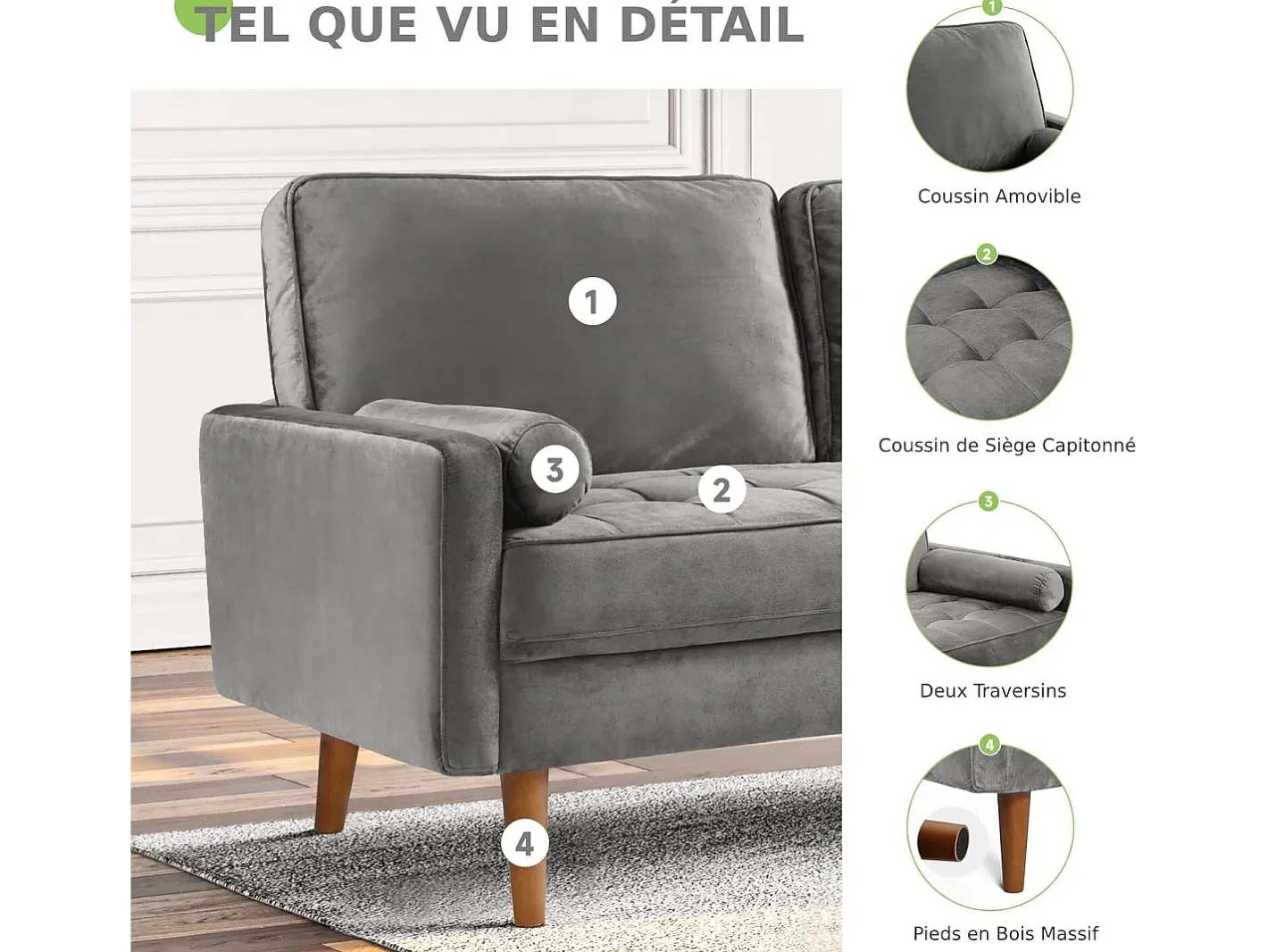 Sofá de veludo cinza de 2 - sofá de veludo cinza, mini sofá de quarto, com apoios de braços cônicos e pés, uma região lombar - 148,5x78x85cm^DripeX Outlet