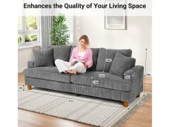 Sofá de veludo com nervuras com telhas de 3, grande sofá reto moderno acolchoado com assentos extras profundos de 53 cm - 2 almofadas - 220x76x84cm - cinza cinza Sofá