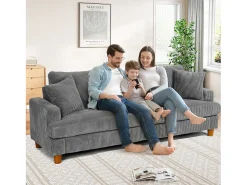 Sofá de veludo com nervuras com telhas de 3, grande sofá reto moderno acolchoado com assentos extras profundos de 53 cm - 2 almofadas - 220x76x84cm - cinza cinza Sofá