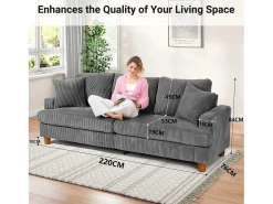 Sofá de veludo com nervuras com telhas de 3, grande sofá reto moderno acolchoado com assentos extras profundos de 53 cm - 2 almofadas - 220x76x84cm - cinza cinza Sofá