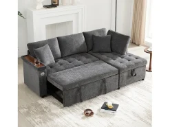 Outlet Sofá em L com sofá-cama arquivado - com espaço de armazenamento - carregamento USB - 2 almofadas - Cinza Sofá
