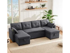 Sofá em U 270x130x86 cm - Sofá acolchoado - Tecido de algodão e linho - Com porta-copos - Dois compartimentos de arrumação - Cinza^ModernLuxe Online