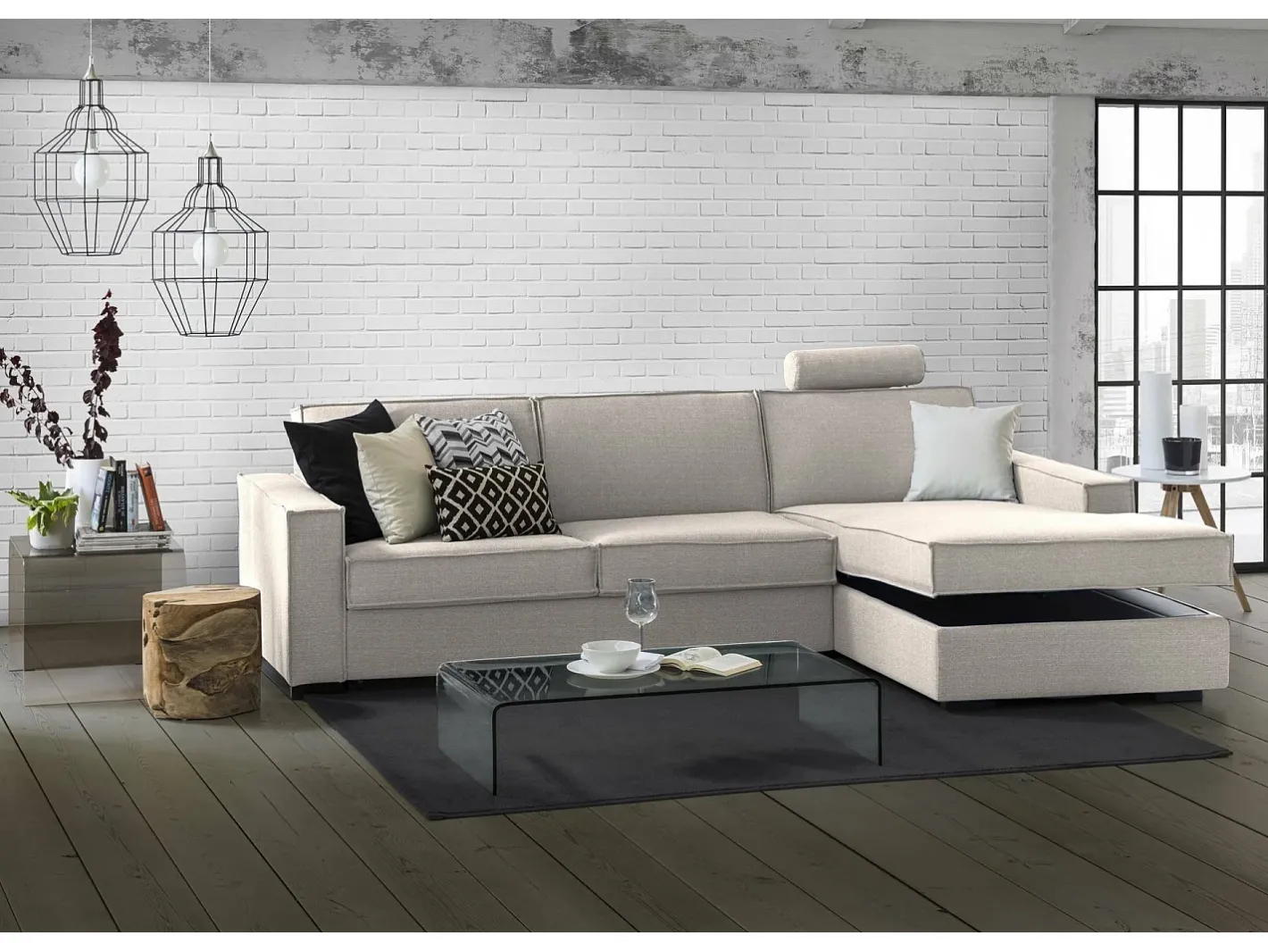 Clearance Sofá fixo Dgodea, Sofá de canto, 100% Fabricado na Itália, Sofá da sala com, Península direita, com braços finos, Cm 260x95h90, Taupe Sofá