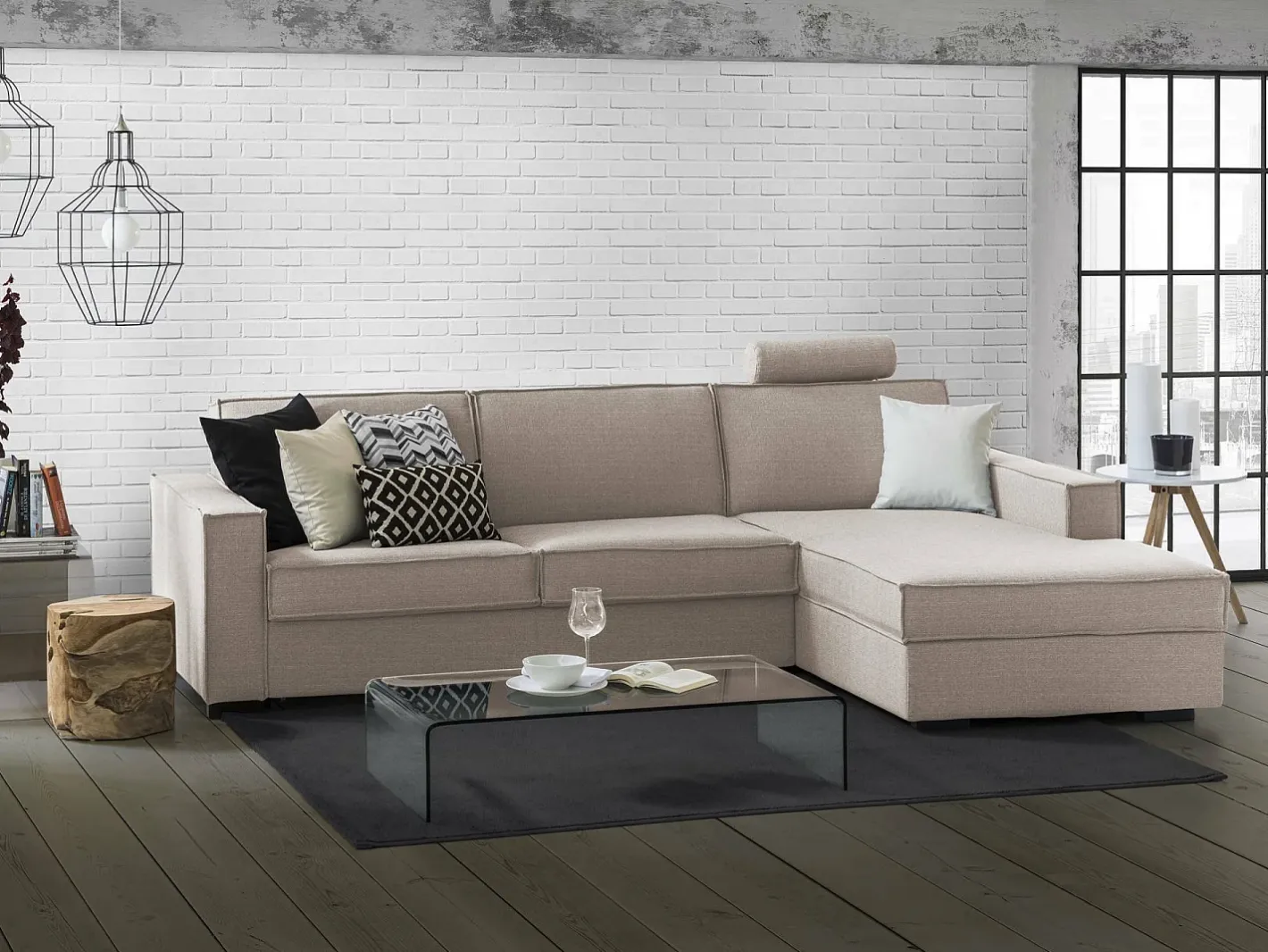 Clearance Sofá fixo Dgodea, Sofá de canto, 100% Fabricado na Itália, Sofá da sala com, Península direita, com braços finos, Cm 260x95h90, Taupe Sofá