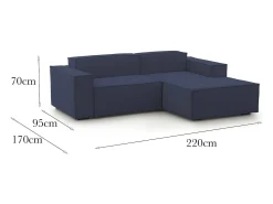 Talamo Italia Sofá*Sofá fixo Dlorenz, sofá modular de 2 lugares com península direita, 100% Fabricado na Itália, Sofá de tecido moderno, 220x170h70 cm, Azul