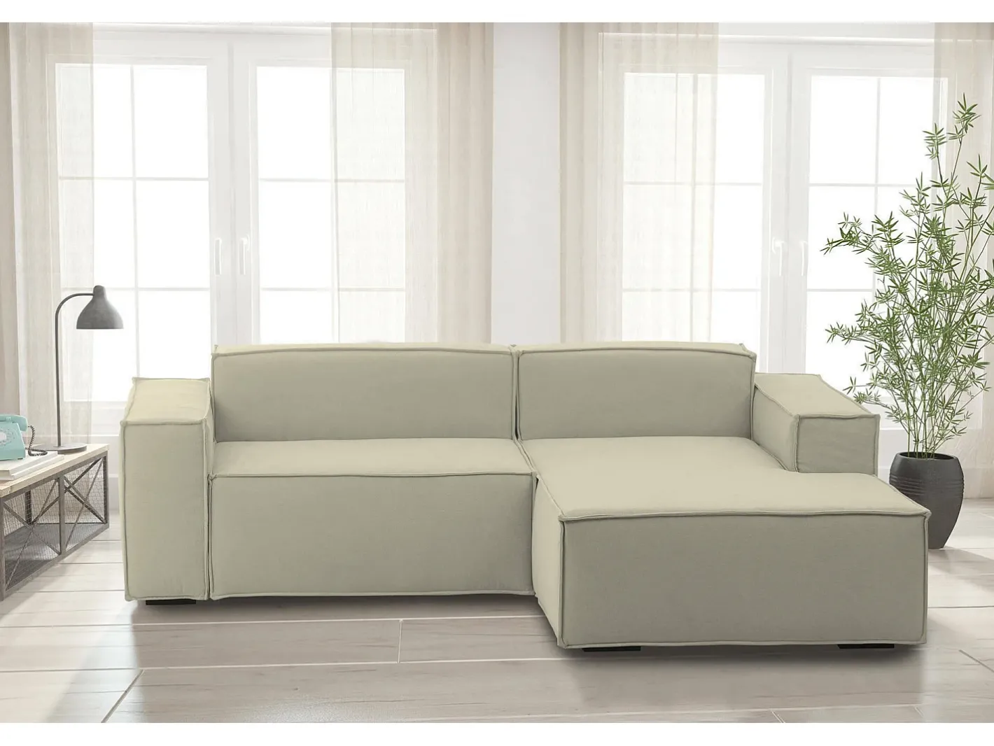 Talamo Italia Sofá*Sofá fixo Lidia, Sofá modular grande de 2 lugares com península direita, 100% Fabricado na Itália, Sofá de tecido moderno, 240x170h70 cm, Bege