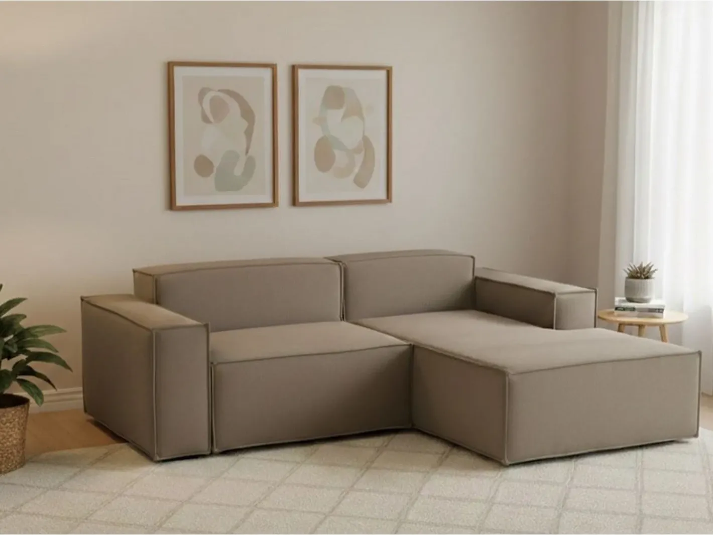 Talamo Italia Sofá*Sofá fixo Lidia, Sofá modular grande de 2 lugares com península direita, 100% Fabricado na Itália, Sofá de tecido moderno, 240x170h70 cm, Taupe Cinzento